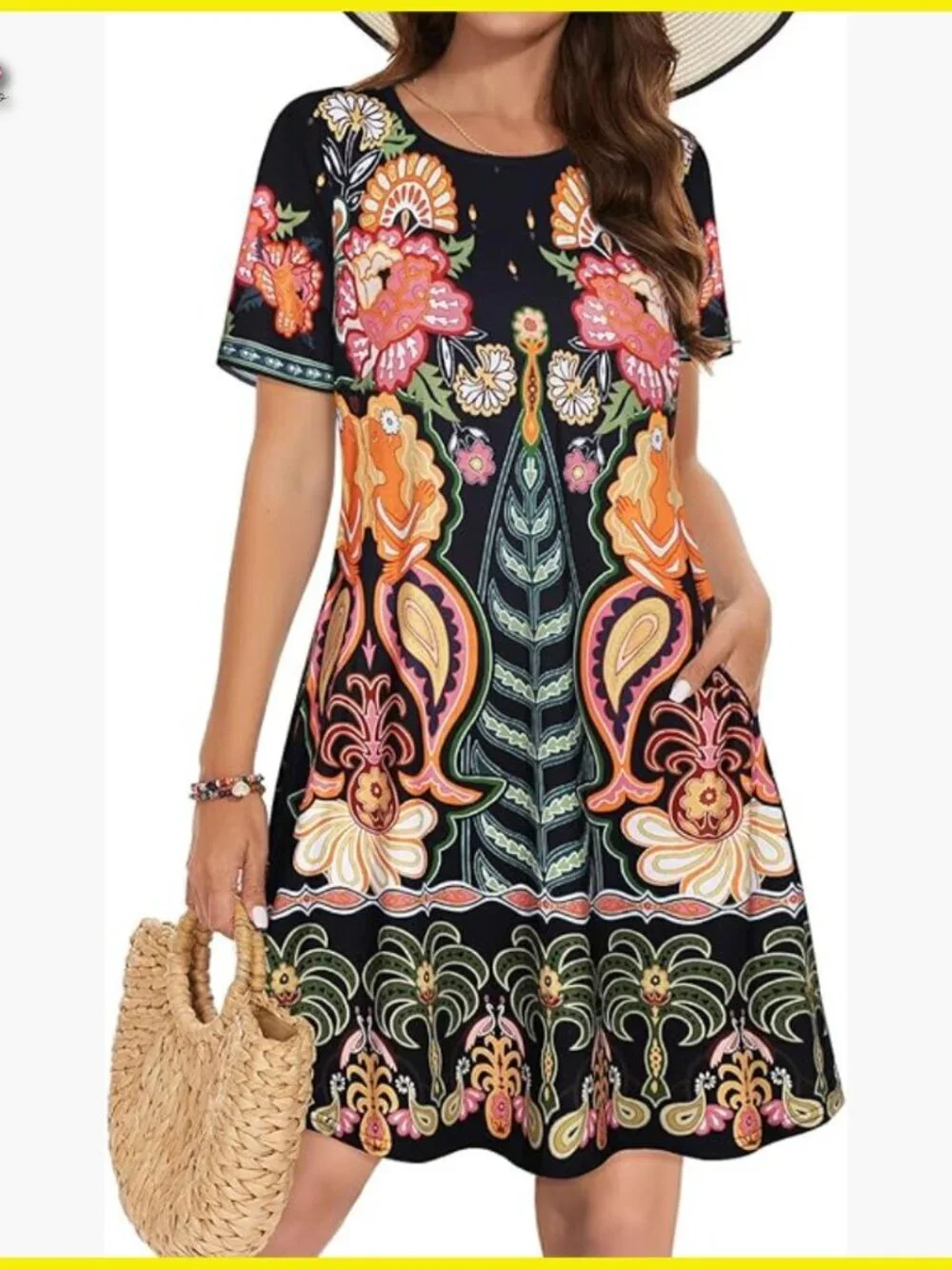 Floral Tshirt Sundress Casual Boho Swing Dress with Pockets Loose Fit